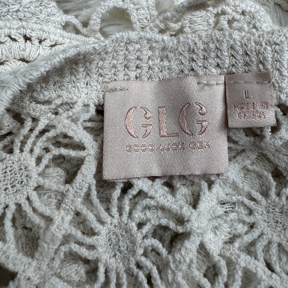 Ivory Crochet Sheer Lace Top L Boho Chic Cottagecore Indie Short Sleeve Cardigan - Picture 5 of 6